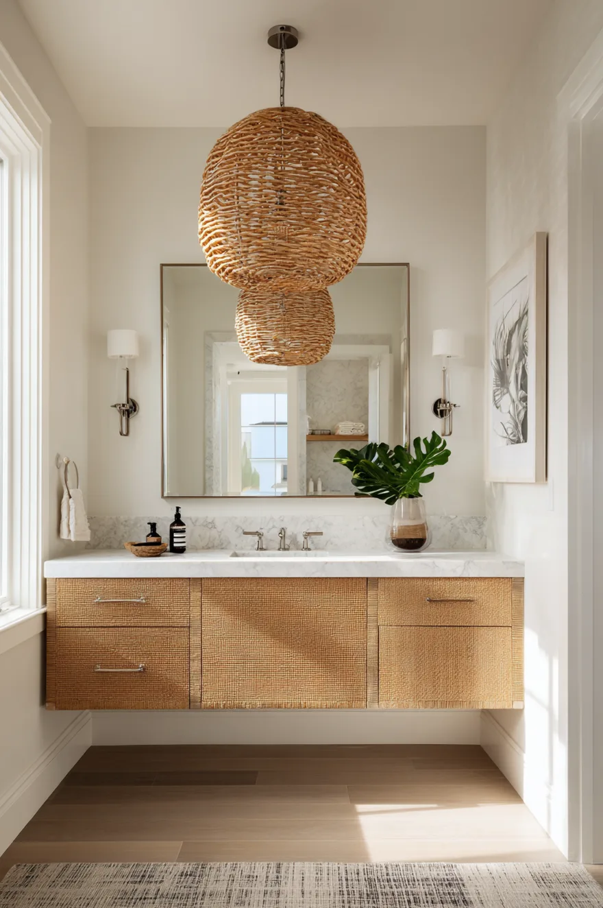 A warm bathroom vanity area showcasing a double tiered woven pendant light hanging above a floating cabinet with textured rattan drawer fronts and a white marble countertop.