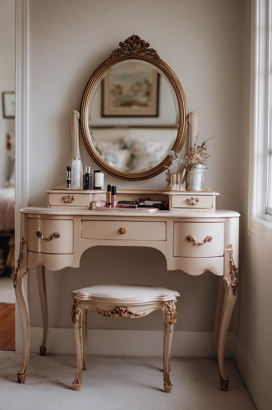 Restored antique makeup vanity painted in a pale cream color with ornate gold drawer pulls, featuring an attached oval tilt mirror and a matching vintage upholstered stool with carved wooden legs.