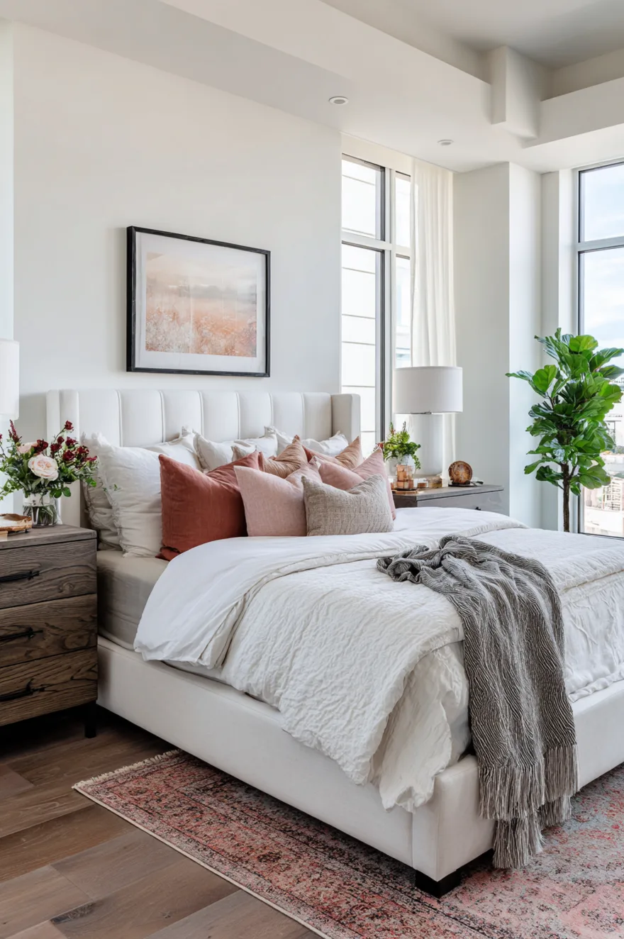 Bedroom ideas for master bedroom styling showing a nightstand with fresh flowers, a stack of books, and a ceramic tray.