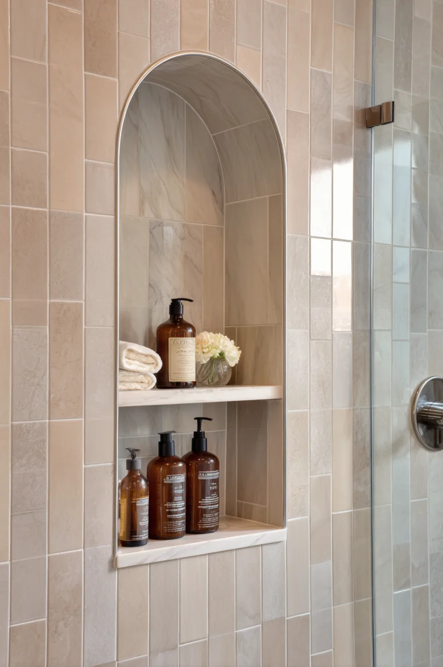 A view looking into a shower with square terracotta tiles on the walls and floor, featuring a built-in shower niche holding amber bottles, visible through a glass door.