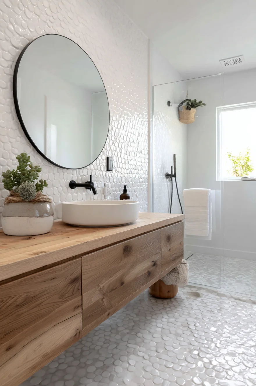 A close up of a shower wet room floor featuring hexagonal white tiles with varied raised 3D textures next to the edge of a clear glass enclosure with a black frame and a hanging towel.