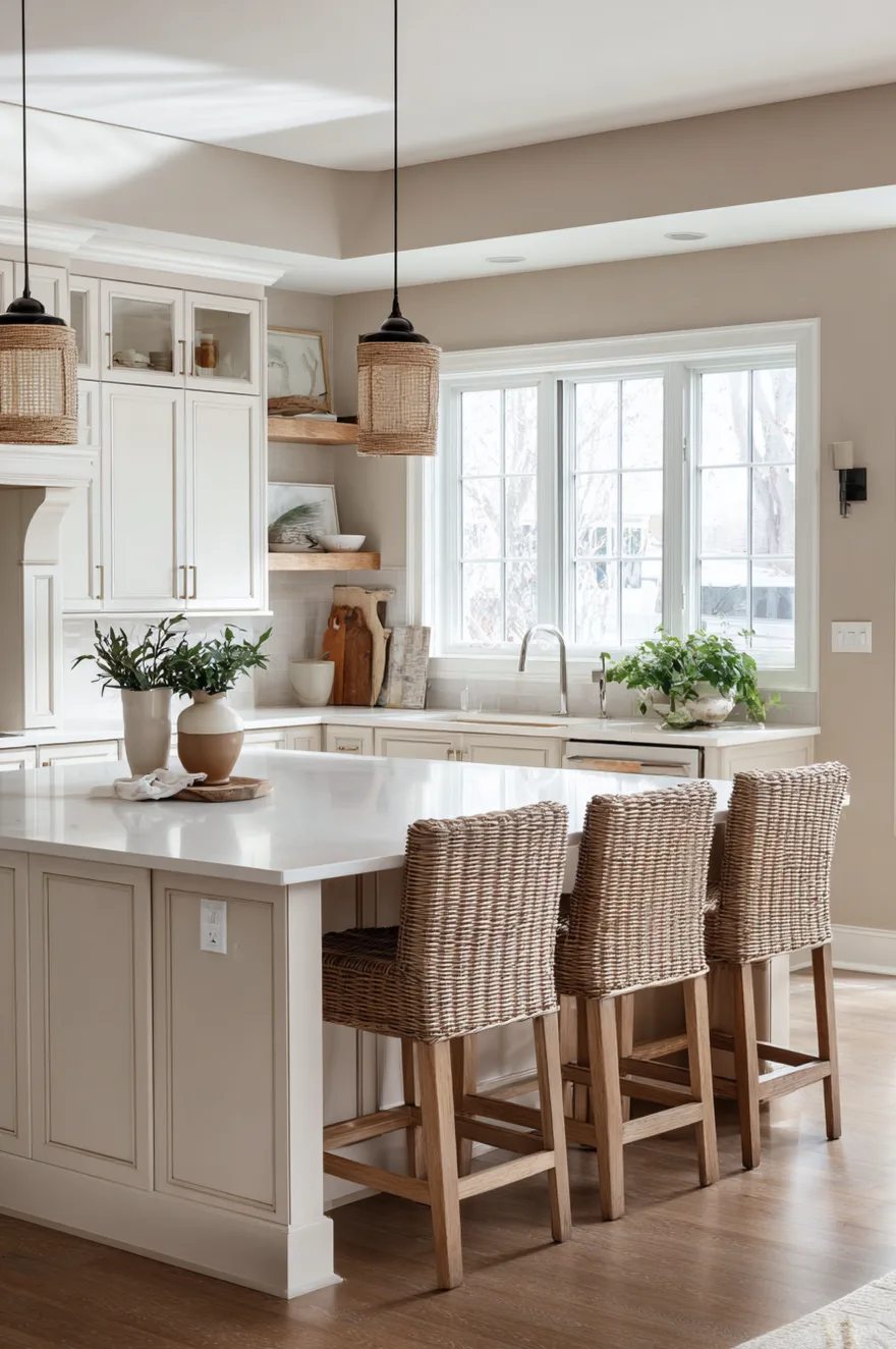 Classic kitchen with greige cabinets (Accessible Beige) and white quartz countertops.
