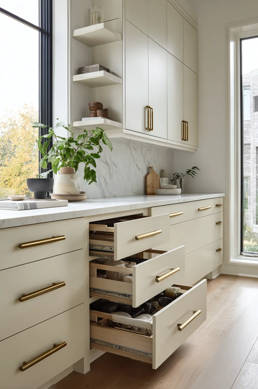 A stack of three cream-colored lower kitchen cabinet drawers pulled open to reveal organized dishes, mugs, and bowls, featuring long gold bar pulls and topped with a white marble countertop near a black-framed window.