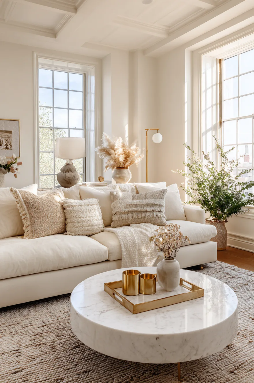 A round marble tray with subtle grey veining sits on a wooden console table, holding a brass candlestick, a dark ceramic vase, and a stack of books.