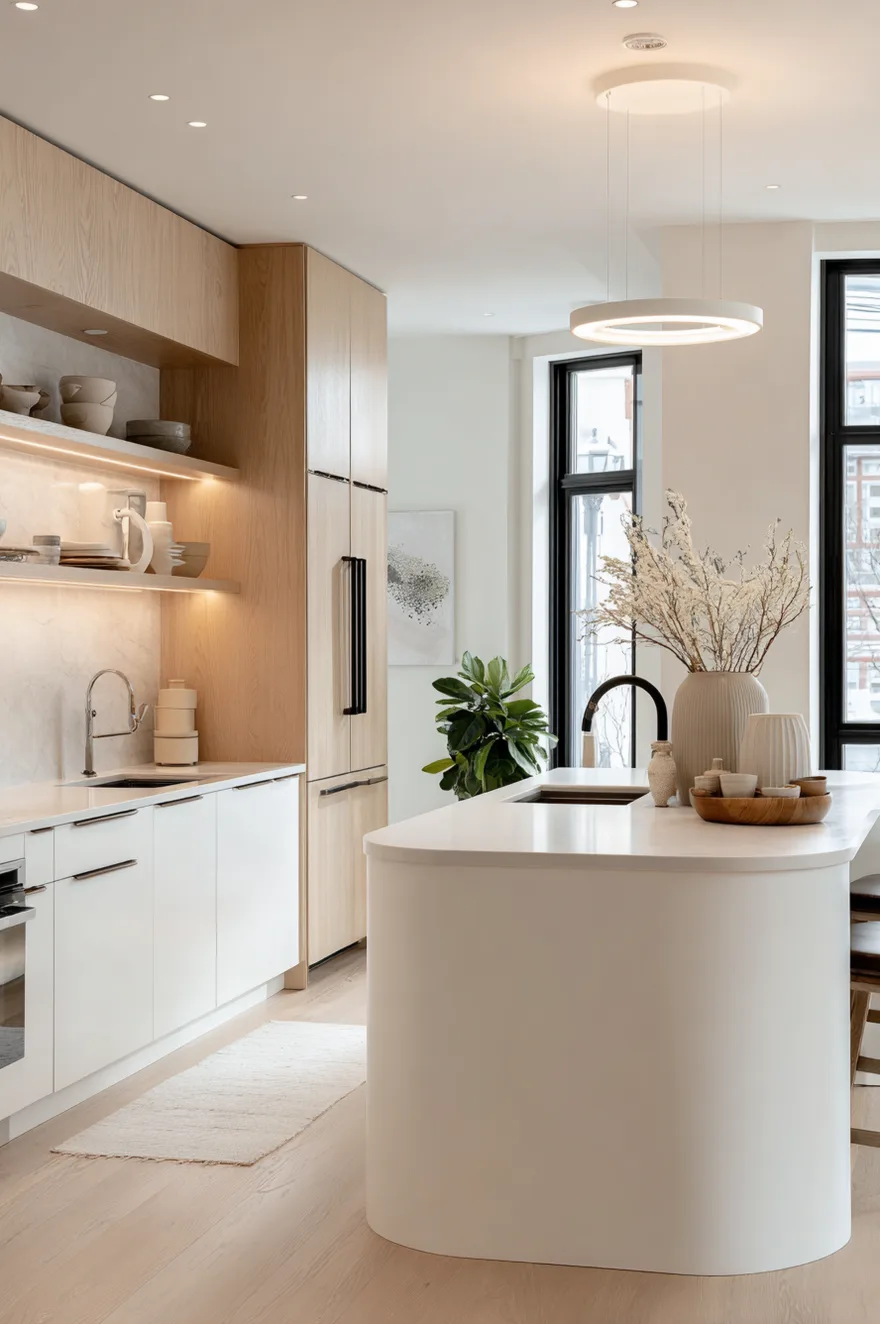 Modern scandinavian kitchen with a curved white island and minimalist light wood cabinetry.