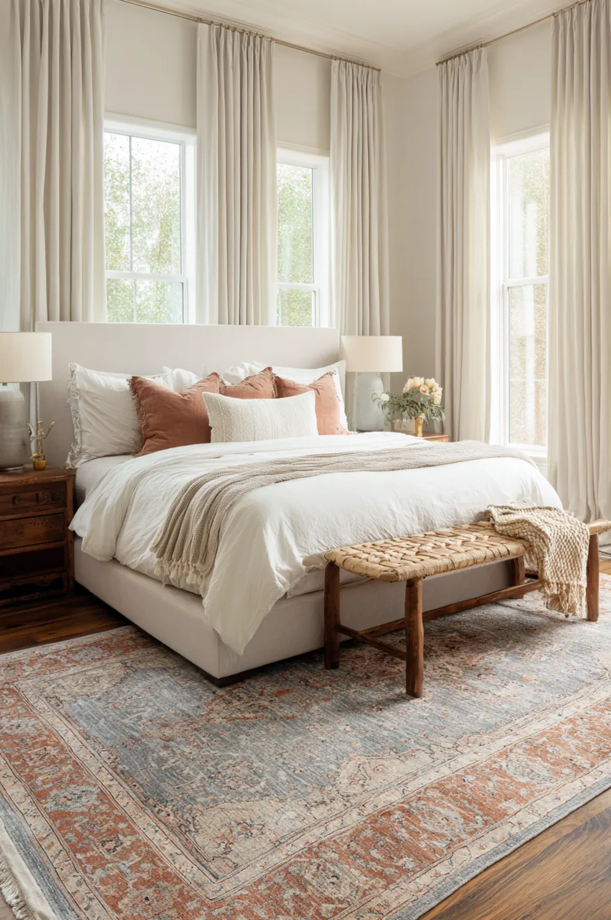 A spacious bedroom featuring a white bed decorated with rust colored pillows, grounded by a large vintage style area rug in faded blue, cream, and terracotta tones.
