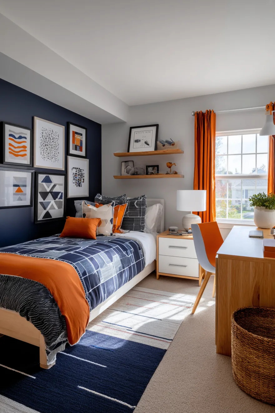 Boys bedroom featuring a dark navy blue accent wall, a light wood bed with navy patterned bedding and an orange throw pillow, bright orange window curtains, and a wood desk with an orange and white chair.