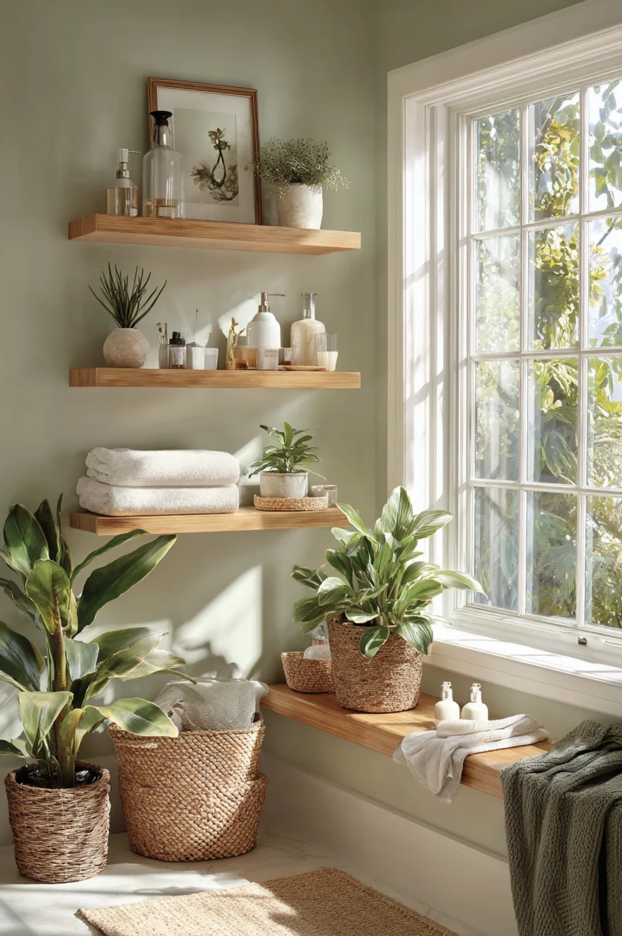 Light oak wood floating shelves in a sunlit bathroom holding plants and natural skincare products.