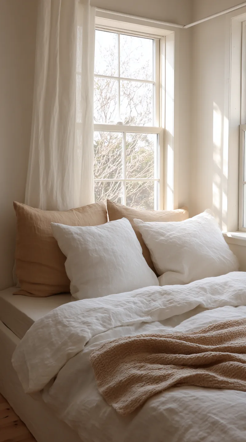 Simple bed next to a bright window with mixed warm white and beige linen pillows and a textured throw blanket.