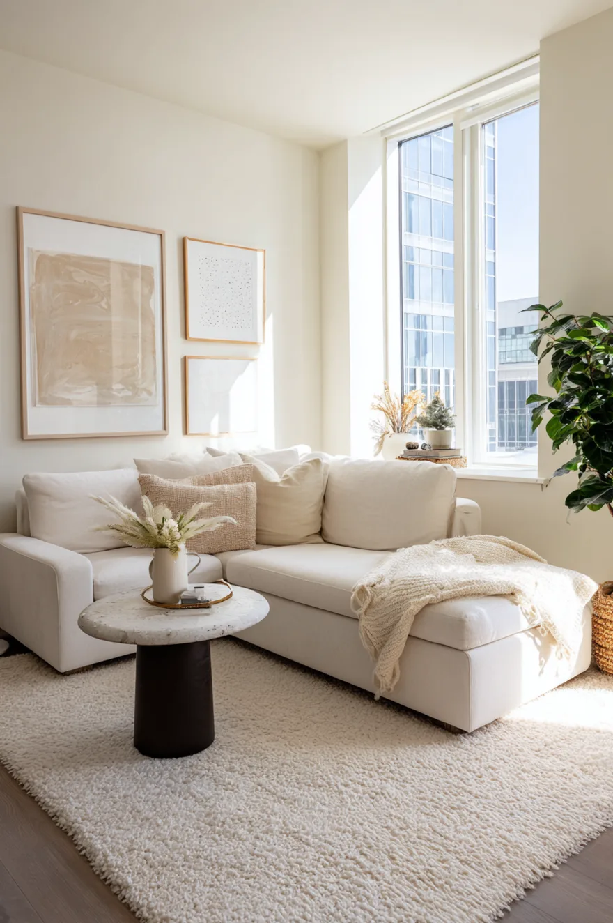 A compact and cozy living room with a small white sectional sofa and a round pedestal coffee table sitting completely on a plush white textured carpet to make the space feel larger.