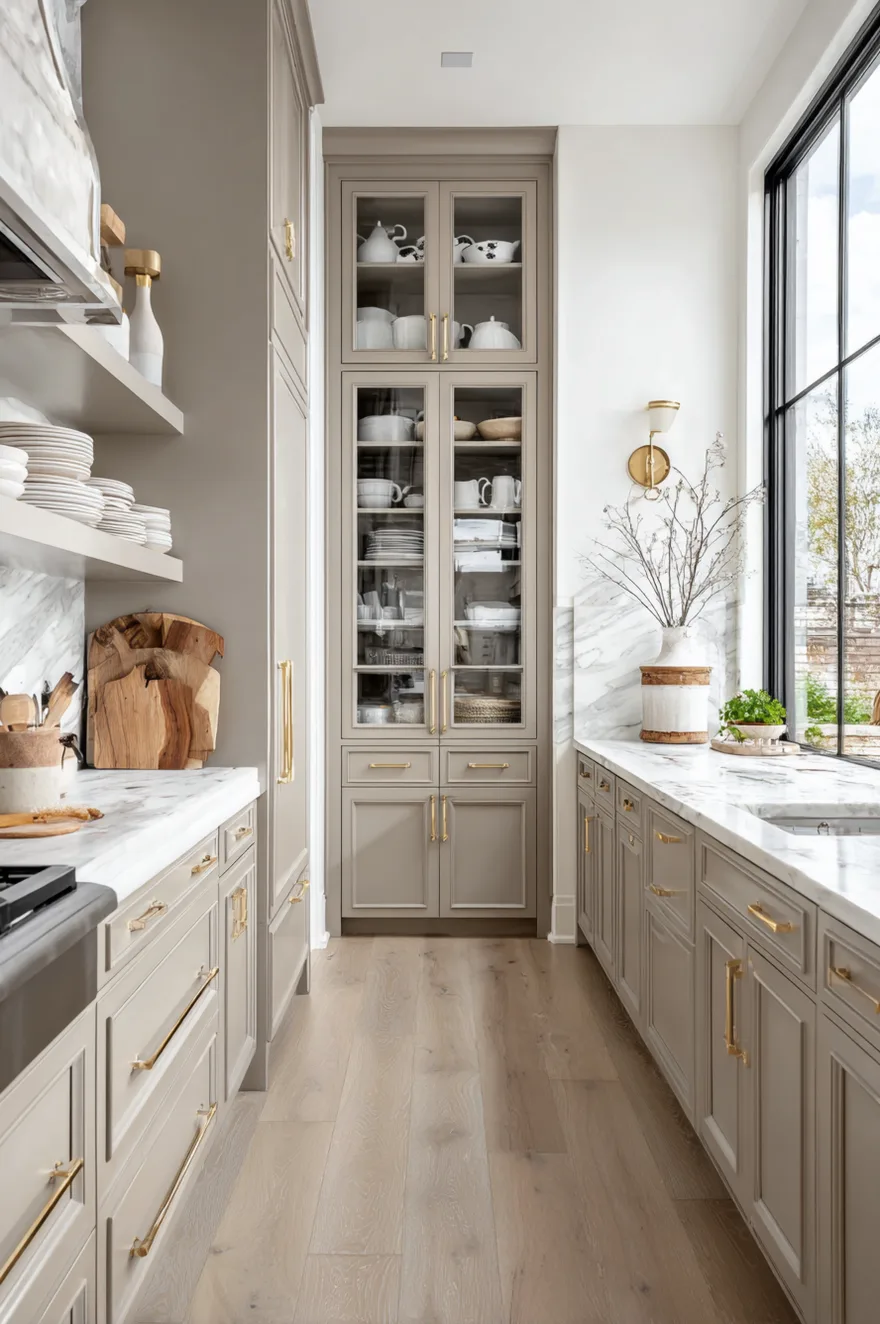 A tall floor-to-ceiling taupe pantry cabinet unit featuring large shaker doors and minimal brass pulls situated next to built-in appliances.