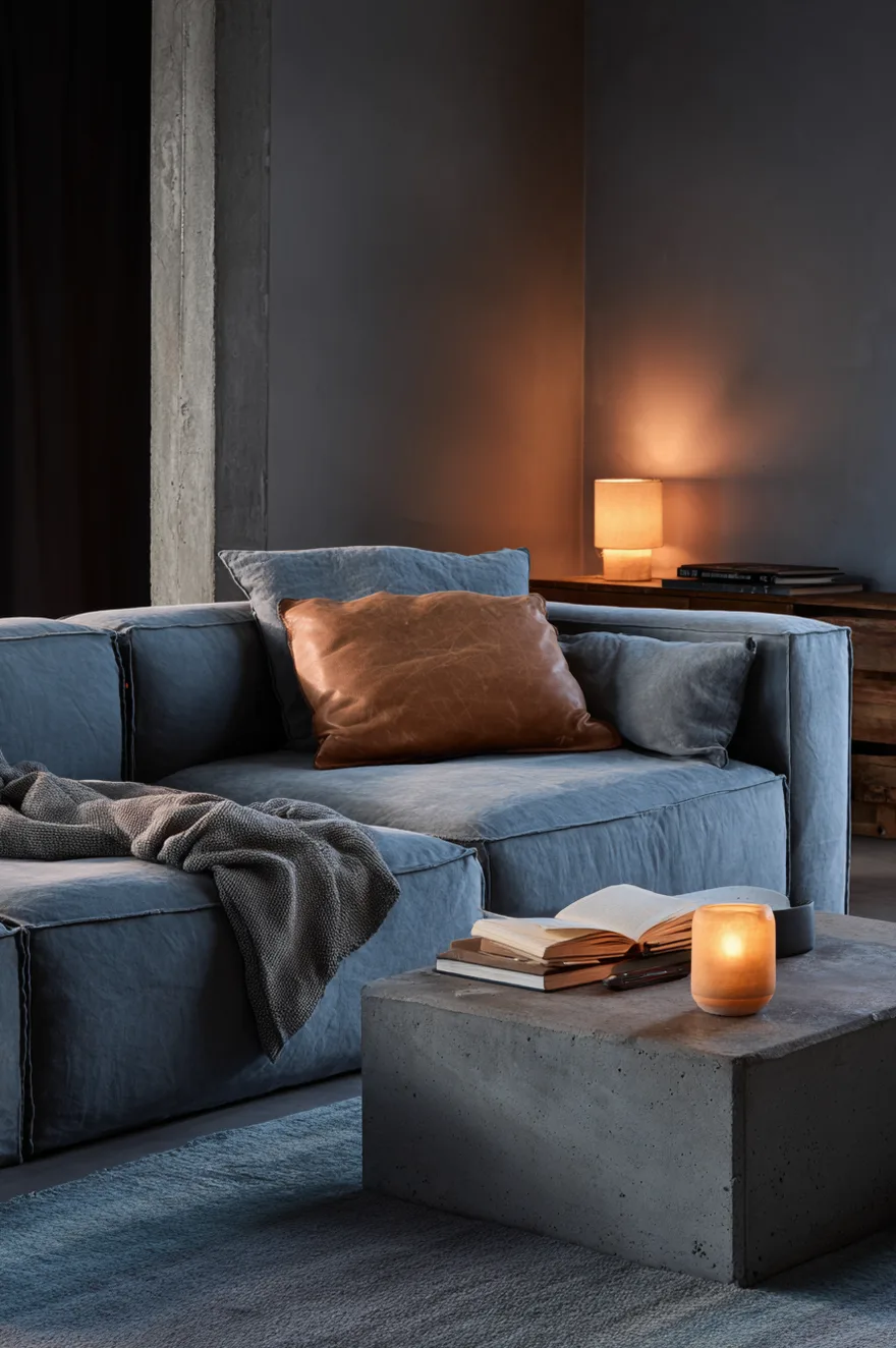 Lived-in minimalist living room with a stone-blue linen sectional, worn leather throw pillow, raw concrete side table, low dusty blue-grey wool rug, and an open book left face-down on the floor in soft lamp light.