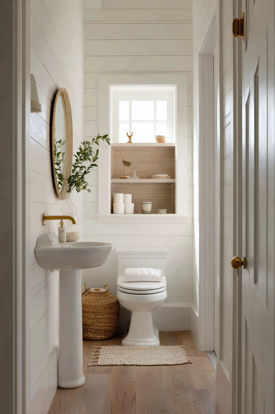 Recessed wall cubby beside a toilet lined with fluted oak contact paper and a small brass rail, holding rolled hand towels and toilet paper rolls, with white shiplap walls and a pedestal sink in a small farmhouse bathroom.