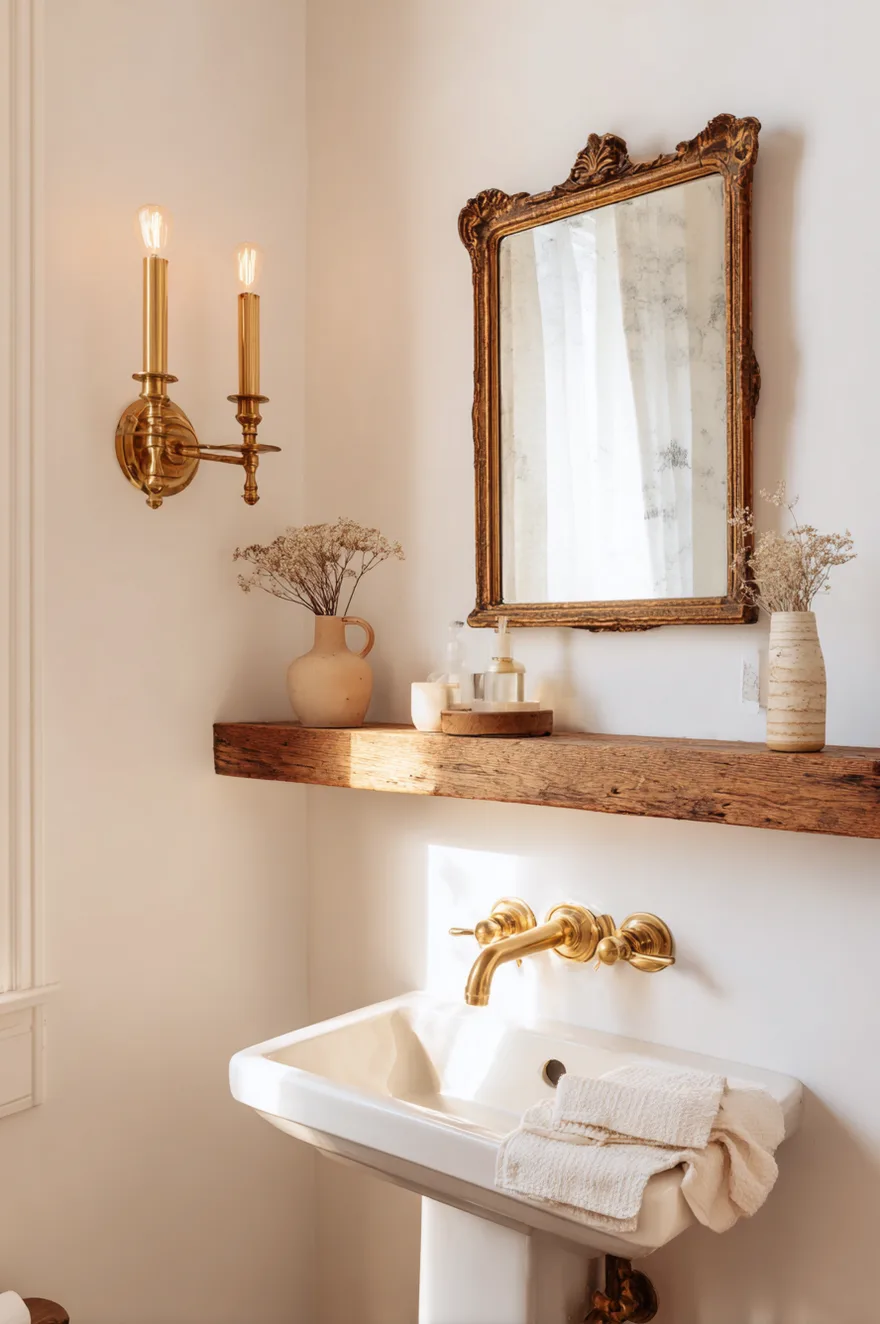 Eclectic powder room anchored by a vintage brass candlestick wall sconce and an antique beveled mirror beside a white pedestal sink with a warm wood floating shelf.