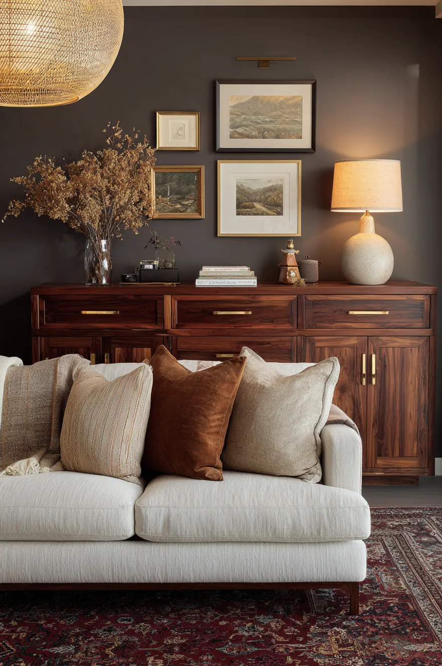 Finished basement with a mid-century credenza in dark walnut restain with brass pulls, vintage Persian rug, woven pendant light, and a small gallery wall above the console.
