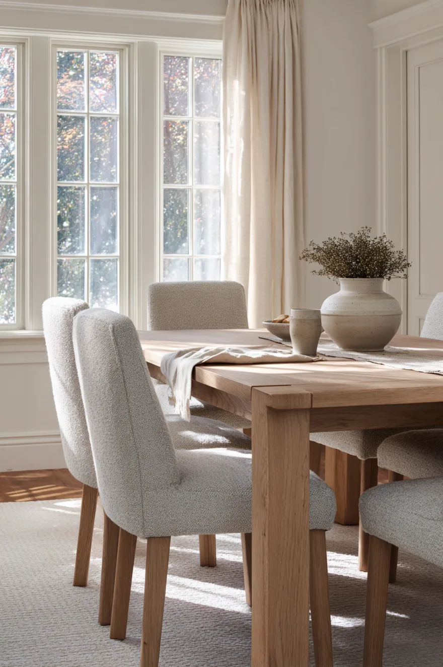 Performance fabric dining chairs in speckled stone-grey woven textile on solid beech frames around a wood table with a child's cup and a ceramic centerpiece bowl.