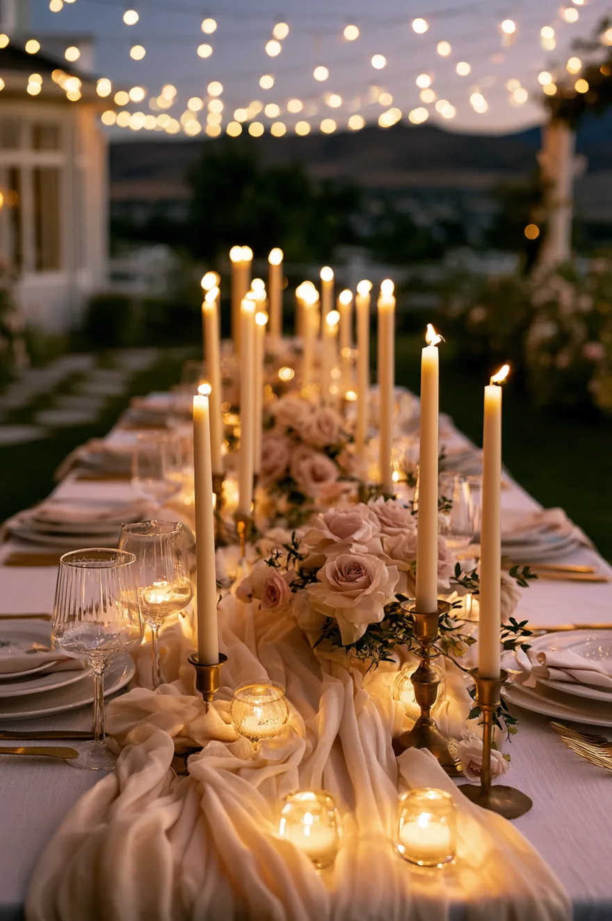 Multiple tall taper candles in varying heights on a white linen runner, surrounded by soft blush roses, gold flatware, and crystal glasses.