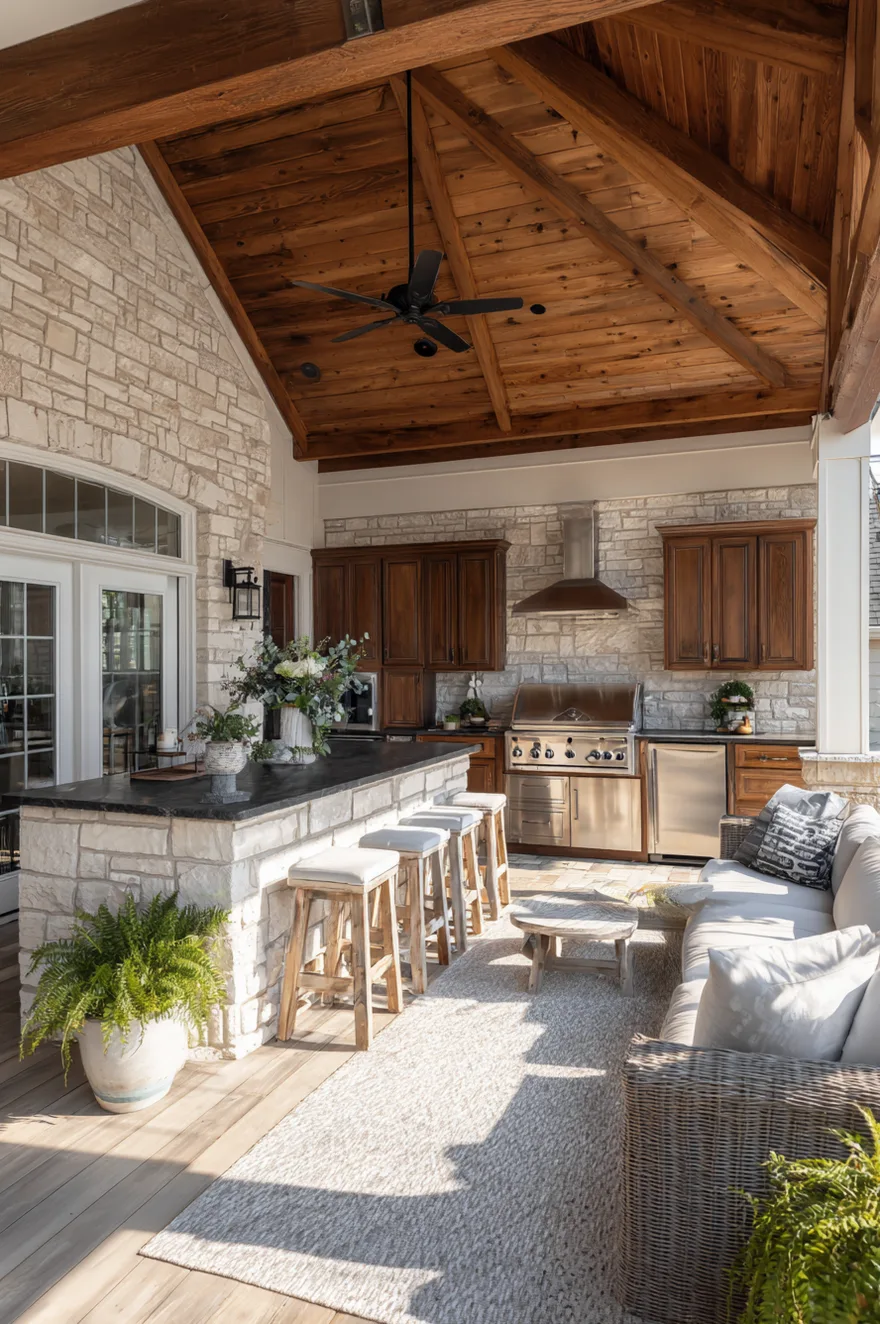 Outdoor kitchen under a covered patio attached to a house, featuring a white painted brick base, dark countertops, a stainless steel grill, and large sliding glass doors in the background.