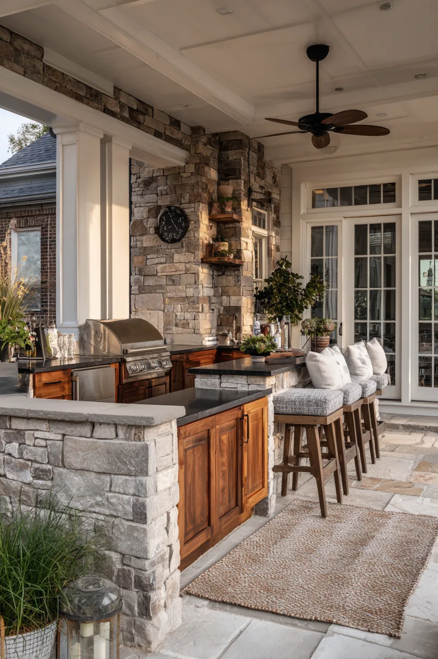 Covered patio attached to the house with warm wood ceiling panels, bright white cabinetry, a built-in stainless grill, and a seamless transition to a wooden outdoor dining table.