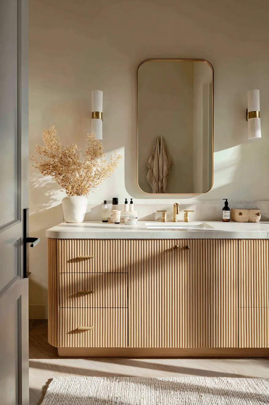 A bathroom vanity area featuring a light wood cabinet with vertical fluted detailing topped with a white counter and a brass faucet under a rounded rectangular gold mirror.