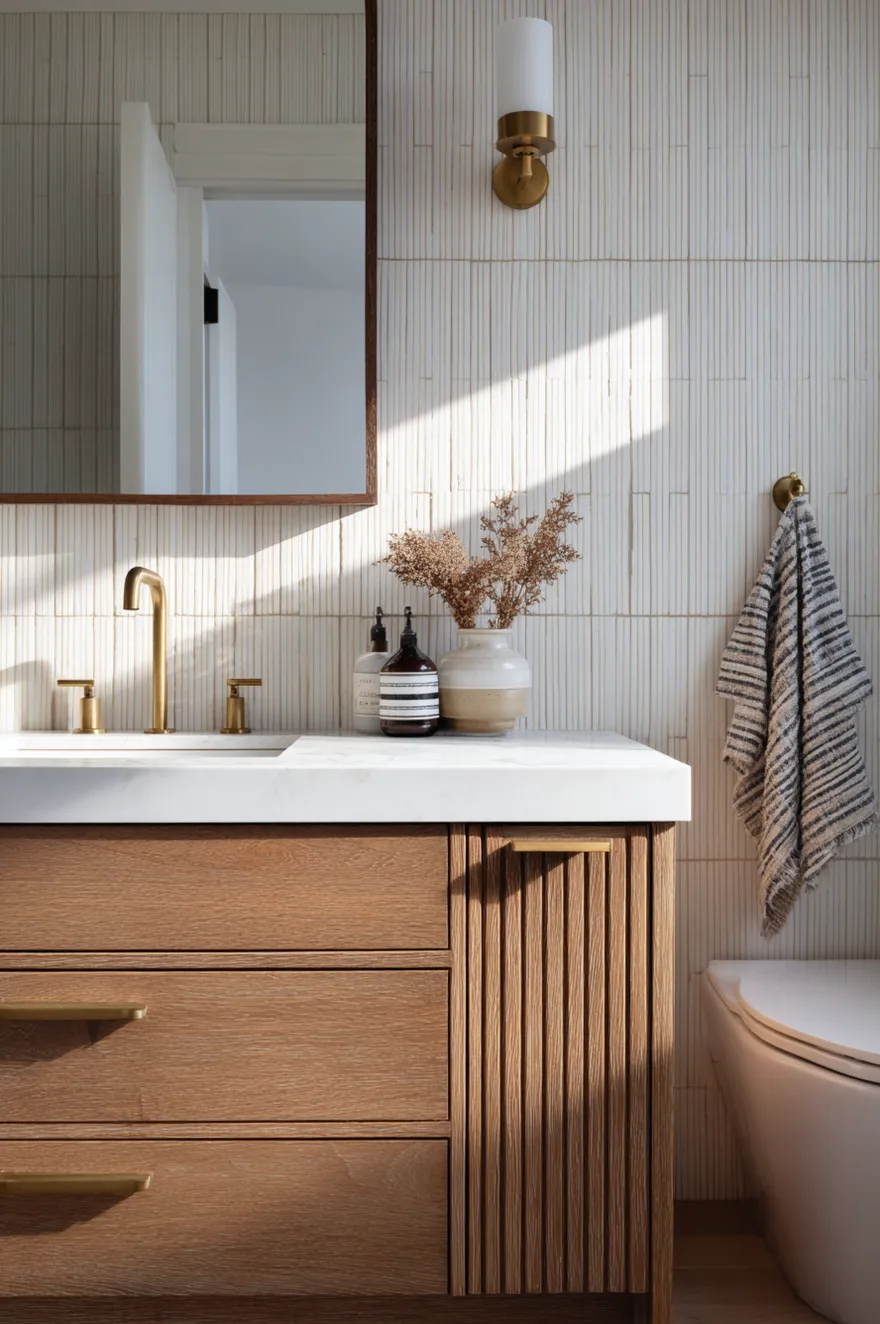 A close up of a wood bathroom vanity featuring a mix of flat drawers and fluted paneling paired with a brass faucet against a wall covered in thin vertical white tiles.