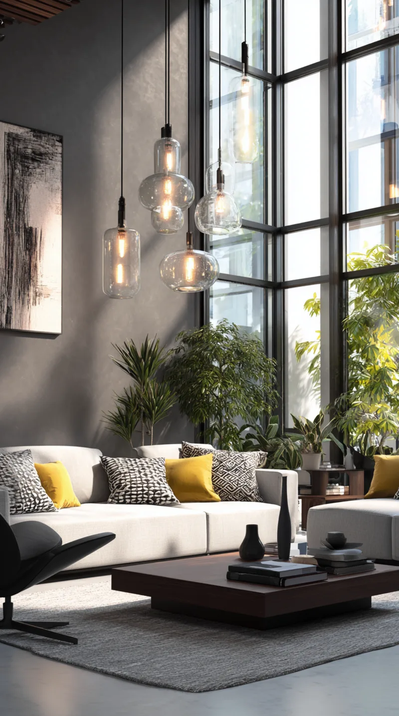 Modern living room with two glass pendant lights hanging over a rustic wooden coffee table to create a focal point.