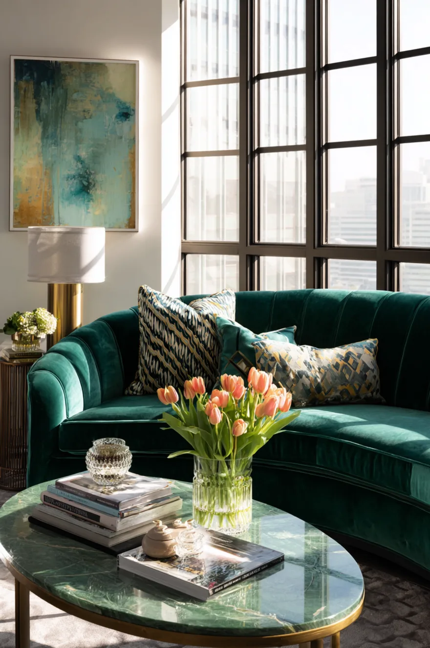 Deep emerald green channel-tufted velvet sofa styled with patterned throw pillows next to a green marble coffee table with a gold frame holding a vase of fresh peach tulips.