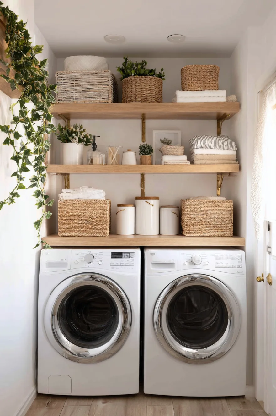 Floating wood shelves installed above a white washer and dryer holding detergent bottles and woven baskets.