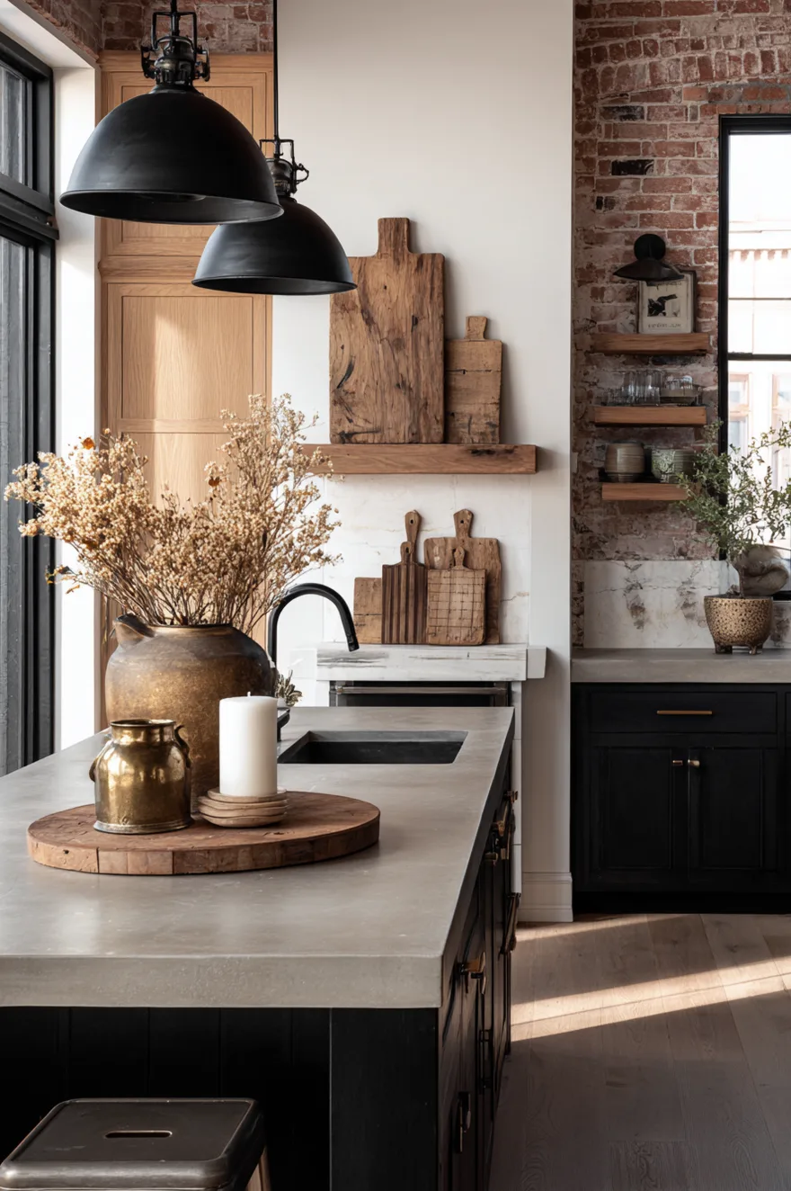 Dark kitchen island with a smooth concrete countertop holding a brass vase filled with dried flowers, a single white pillar candle on a wood riser, and several vintage wooden cutting boards propped vertically against a white tile wall under black dome pendant lights.