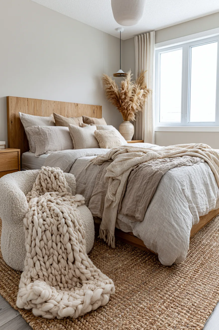 Cozy bedroom corner featuring a wood panel headboard, layers of beige and cream pillows, a thick-knit oversized throw blanket draped over a bouclé armchair, and pampas grass in a ceramic vase by the window.