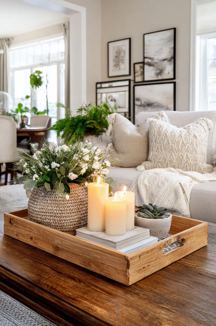 Light wood tray holding white pillar candles, a basket of white spring flowers, and a small potted succulent.