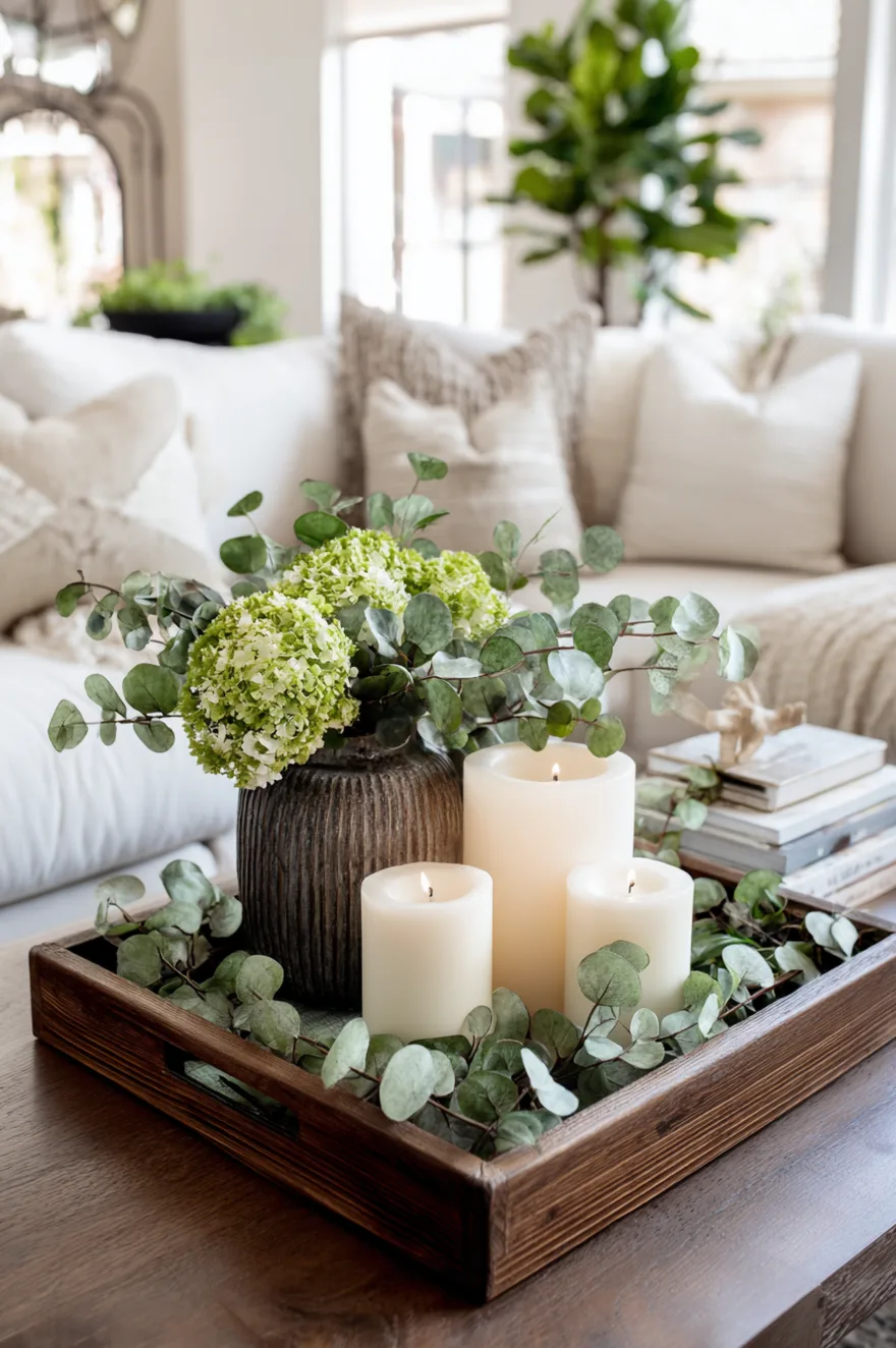 Dark wooden tray on a coffee table filled with three white pillar candles and fresh green eucalyptus and hydrangeas.