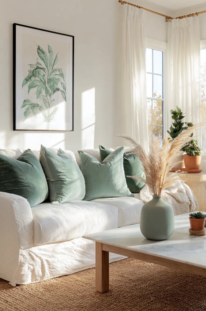 Bright white living room featuring sage green throw pillows and a matching green vase on the coffee table.