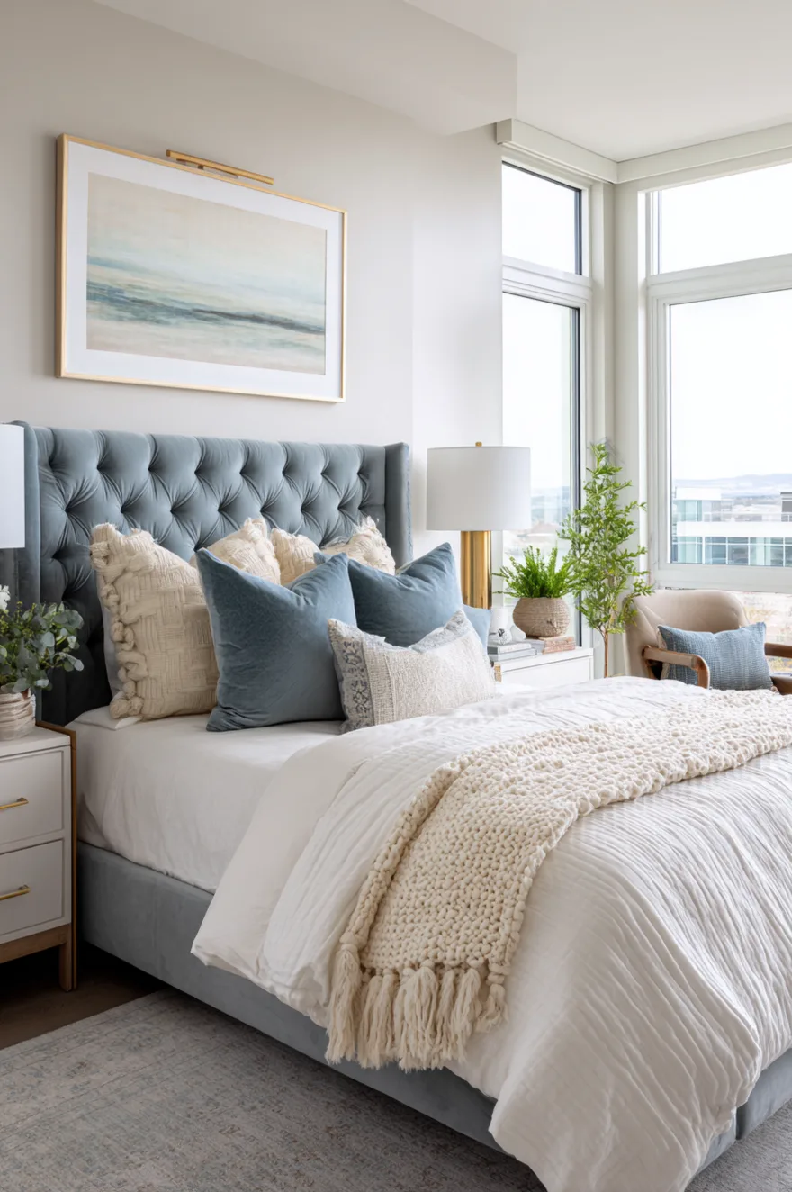 Luxurious bedroom ideas master space anchored by a large velvet upholstered headboard in a deep charcoal color.