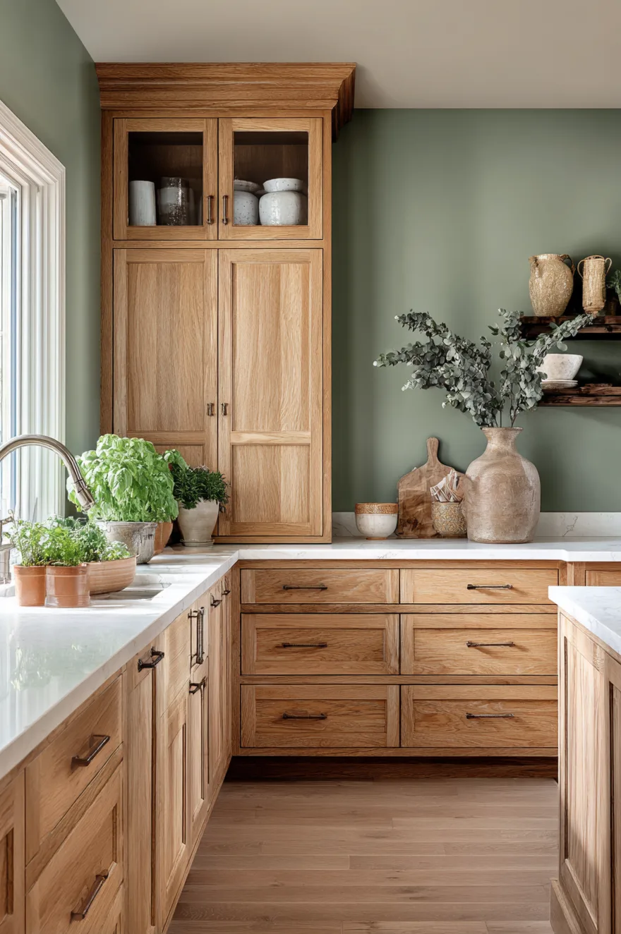 Honey oak kitchen cabinets paired with warm creamy white walls and a light gray backsplash.