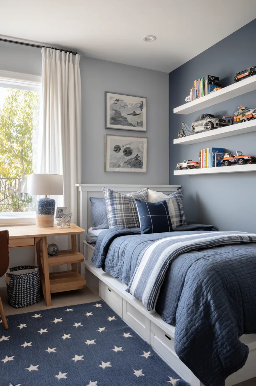 Boys bedroom with light blue walls and a dark navy accent wall behind white floating shelves displaying toy cars, featuring a white bed with blue plaid bedding, a wood desk, and a navy star patterned rug.