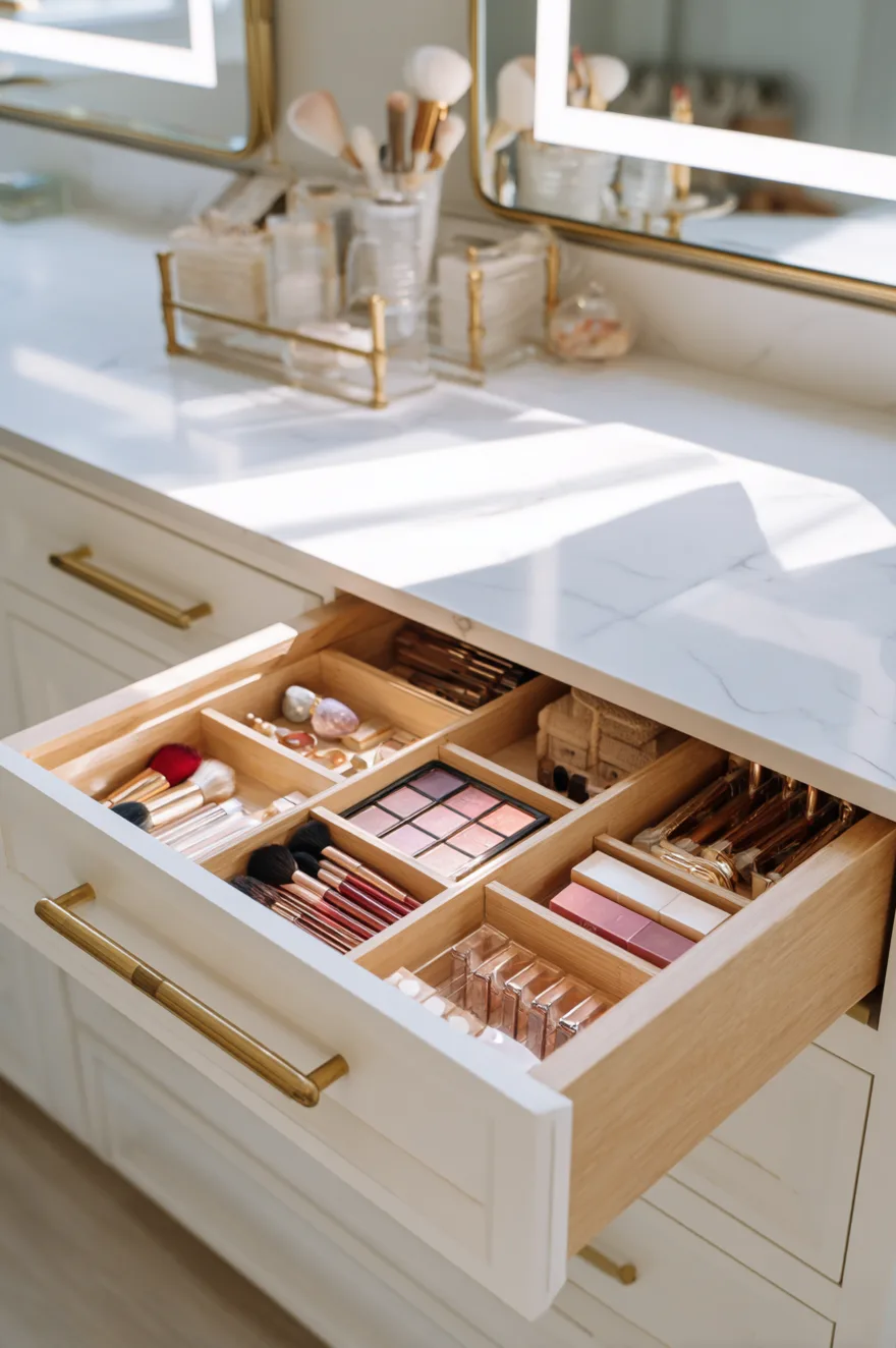 Open white vanity drawer featuring custom wooden dividers neatly organizing makeup brushes, eyeshadow palettes, and lipsticks, topped with a white marble-look counter and gold drawer pulls beneath backlit mirrors.