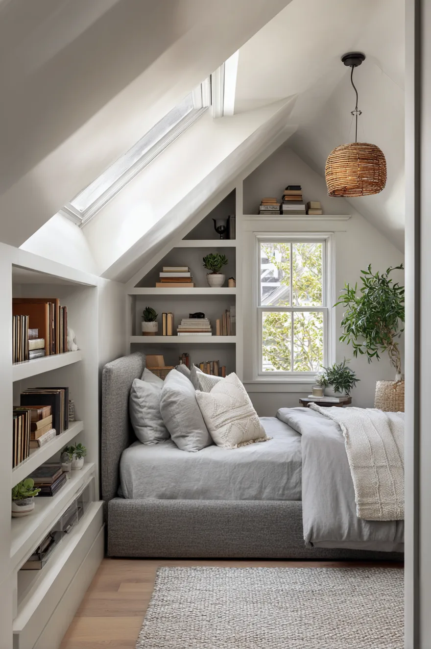 A cozy attic sleeping nook with a gray bed tucked under a slanted ceiling, next to custom white built-in shelves filled with books and small plants.