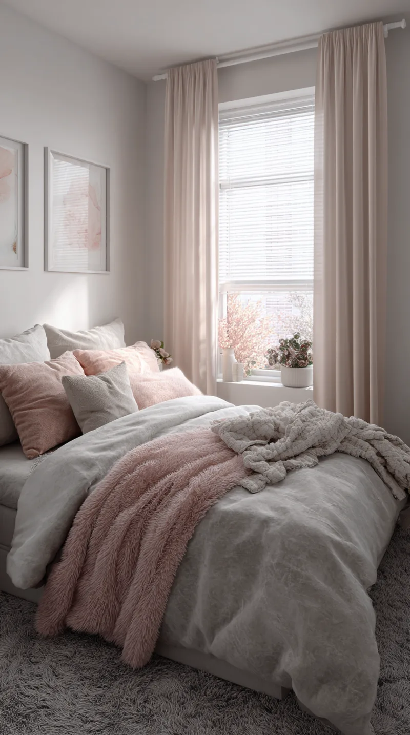 Cozy small bedroom featuring a soft pink and grey color palette with plush bedding and white curtains.