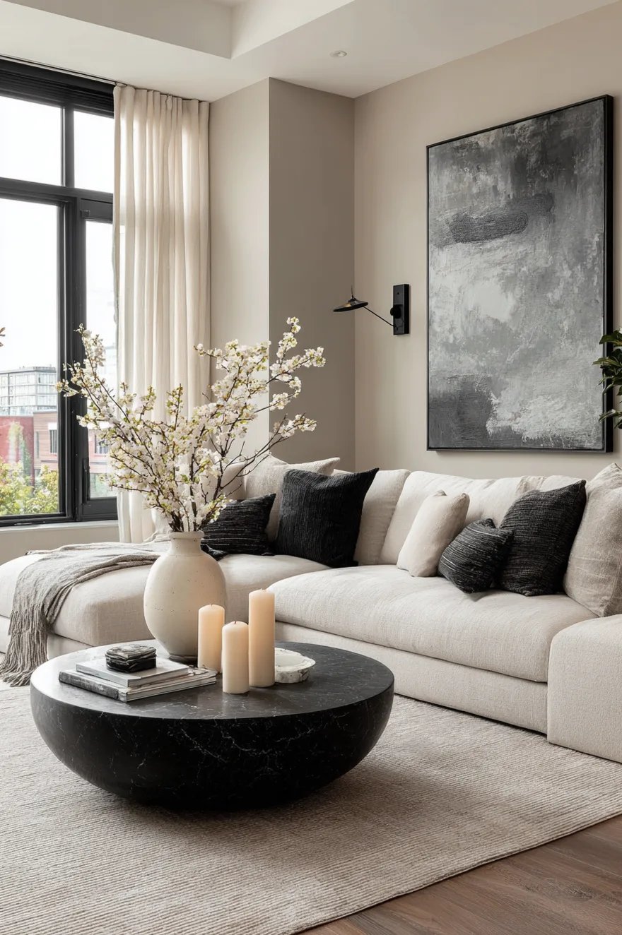 A large dark abstract painting with charcoal and warm taupe brushstrokes hanging above a minimalist beige sofa in a sophisticated living room.