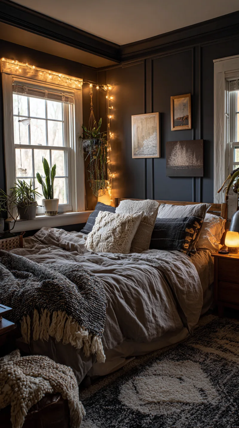 Moody teen bedroom painted in deep navy blue with warm string lights, wood furniture, and soft textured bedding.