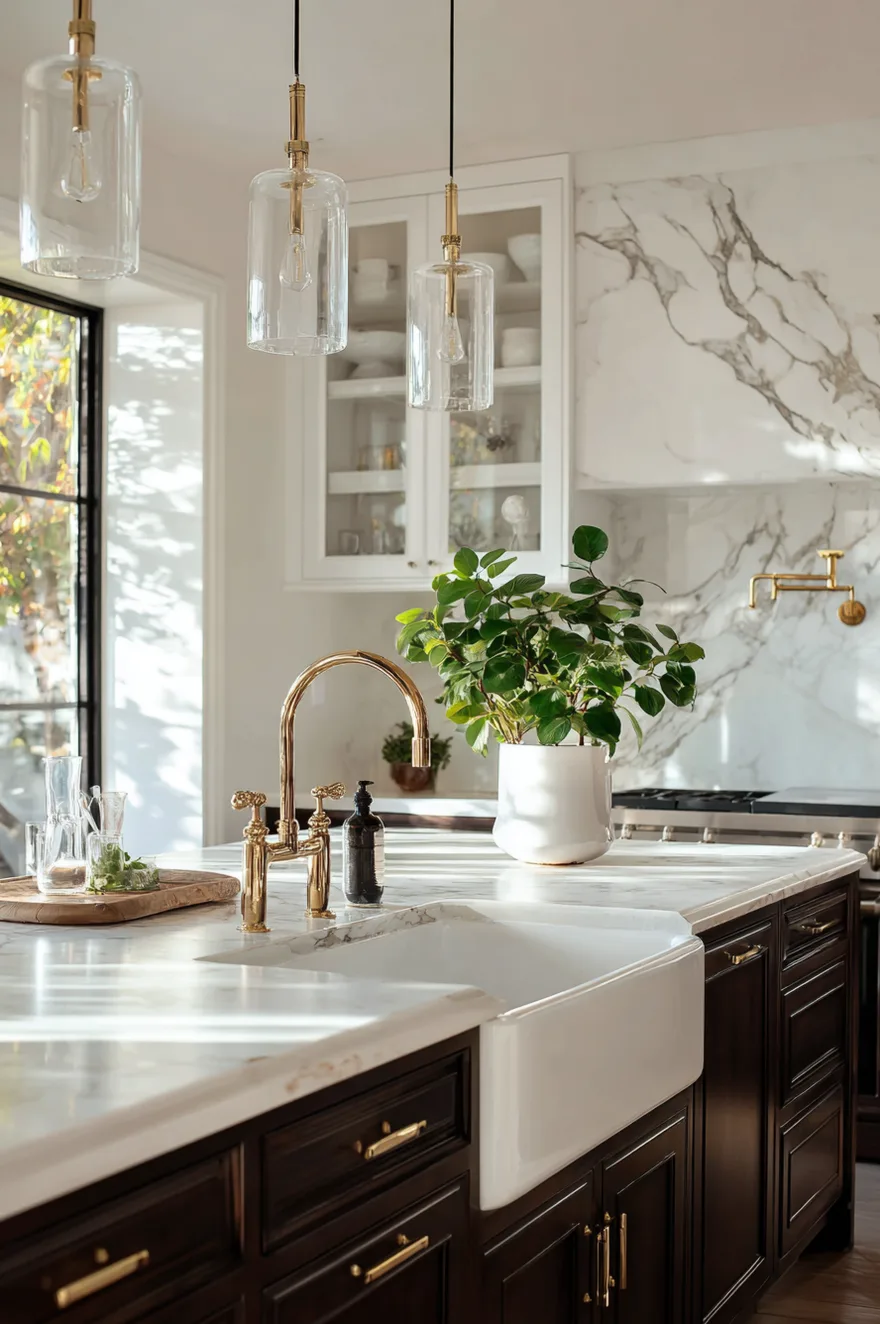 White apron-front farmhouse sink in a dark espresso kitchen island with a polished brass faucet, sitting in front of a white marble backsplash with grey veining and brass pendant lights.