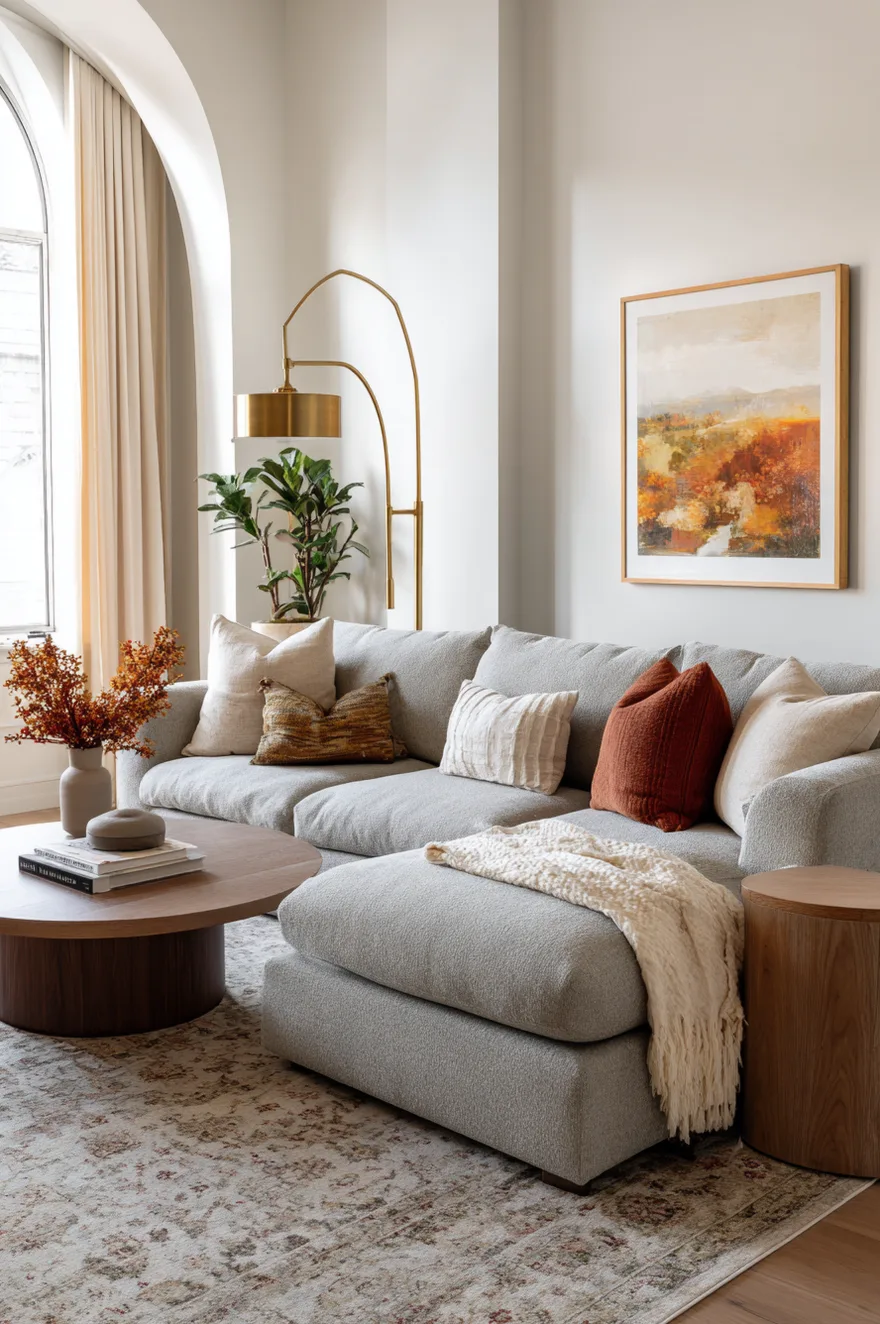 Light grey chaise sectional sofa decorated with rust and cream textured pillows, positioned next to a round wood coffee table, a brass arched floor lamp, and a framed autumn landscape painting.