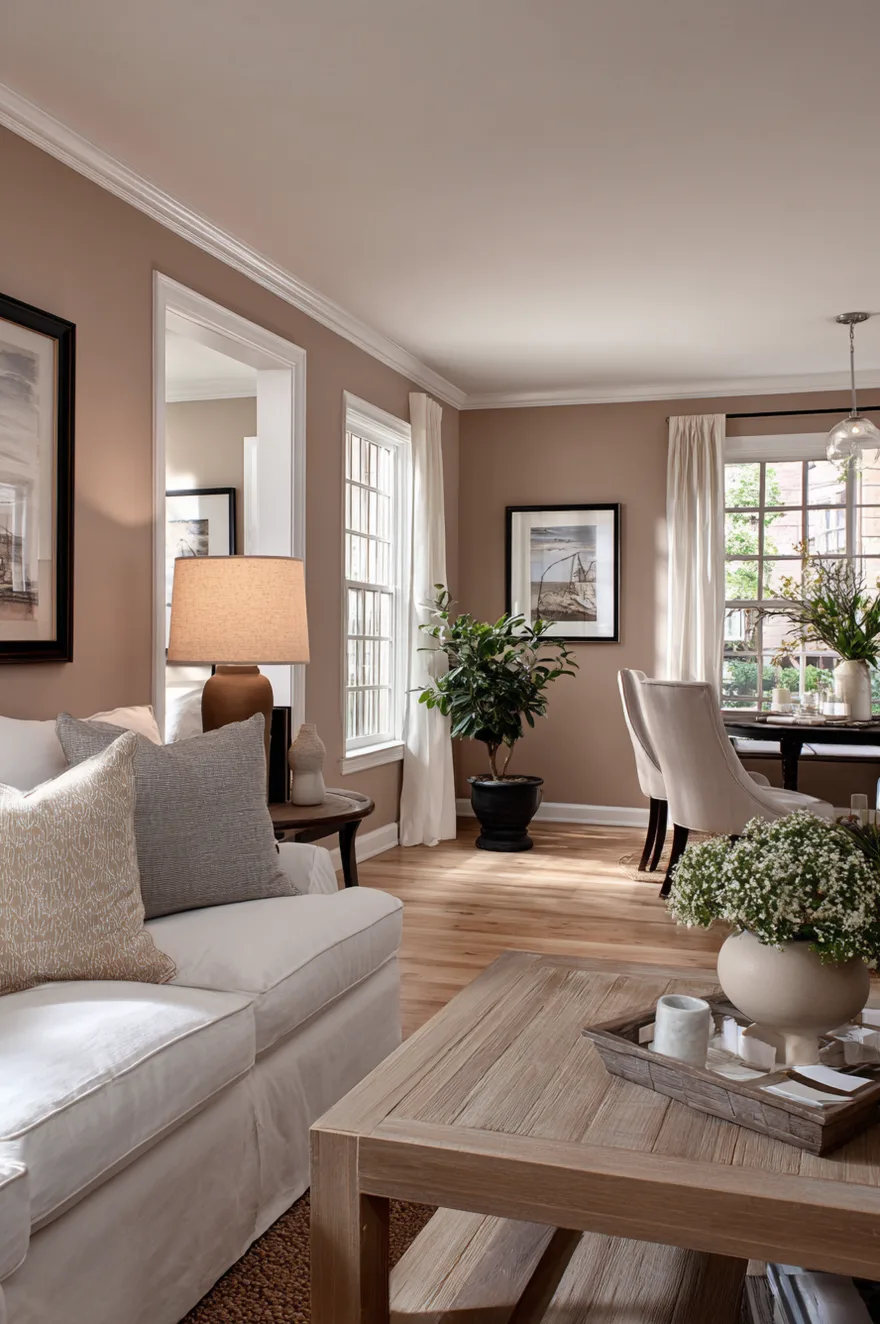 A cozy room painted in a warm taupe color, featuring a white sofa with neutral pillows in the living area and a round dining table with beige upholstered chairs by the window.