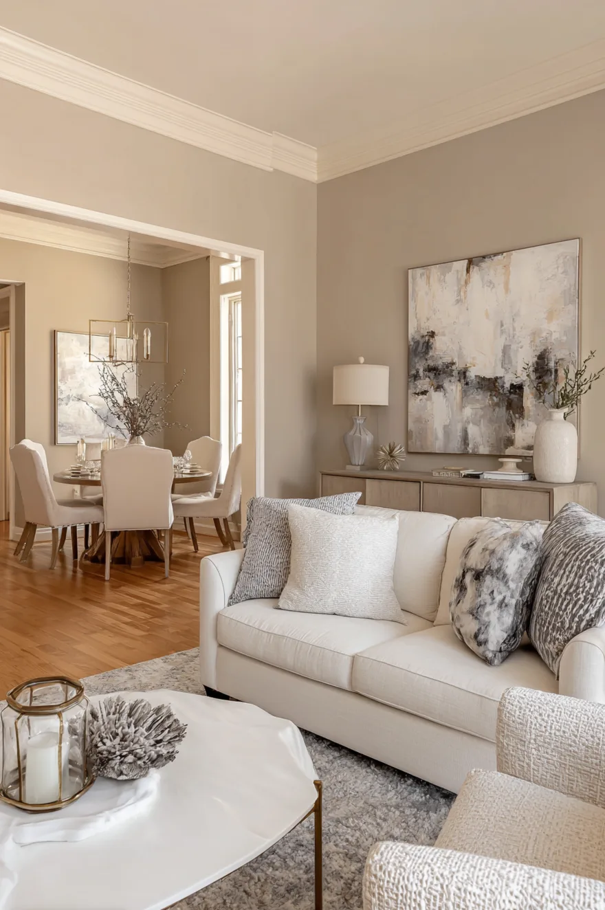 A sophisticated open space painted in light greige, showcasing a white sofa with patterned pillows, a white geometric coffee table, and a dining area with beige chairs in the background.