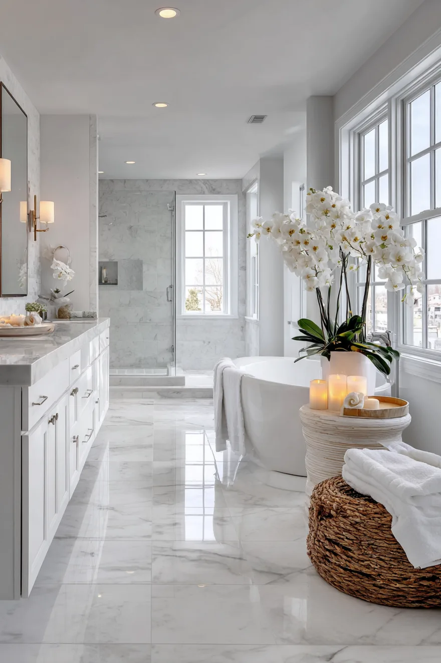 Large format white marble floor tiles with grey veining in a luxurious master bathroom with a long white double vanity, a freestanding white soaking tub, and a large arrangement of white orchids in a pot.