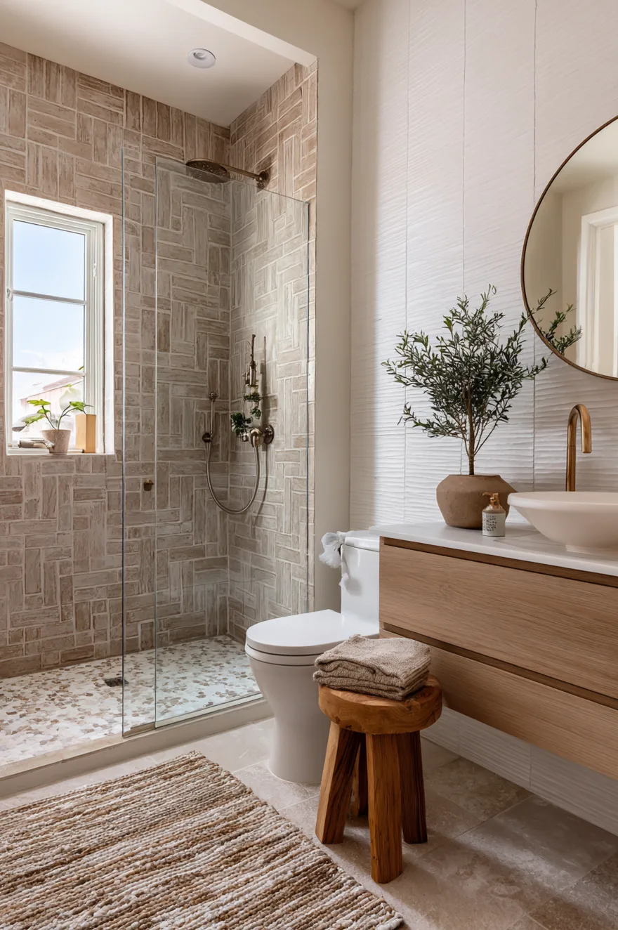 Glass walk in shower featuring textured tan patterned wall tile and pebble flooring beside a light wood vanity with a gold faucet and an olive tree in a terracotta pot.