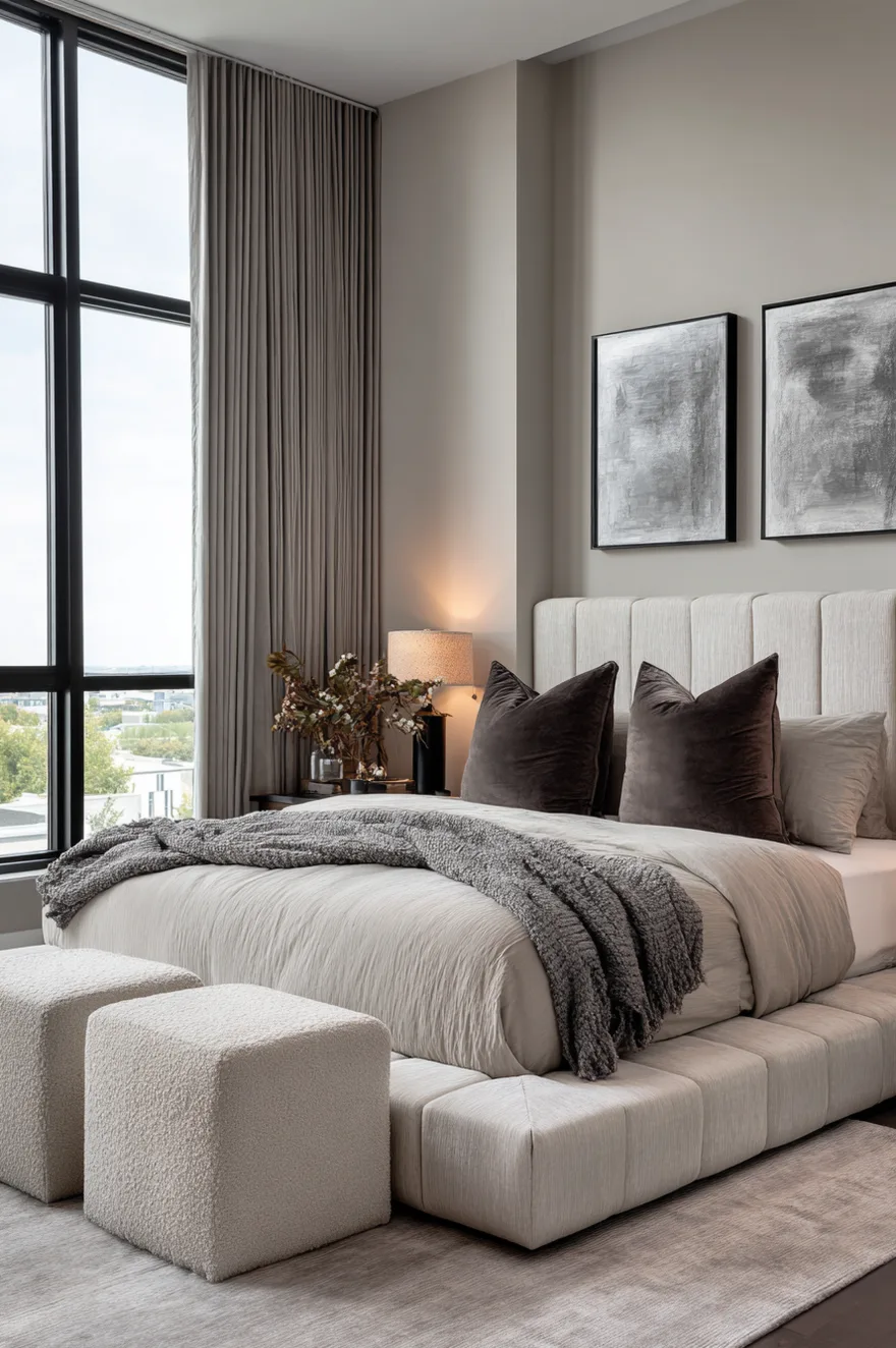 A modern neutral bedroom showcasing a tall textured paneled headboard wall, a low platform bed with a grey throw and dark velvet pillows, paired with two white boucle ottomans and abstract wall art.