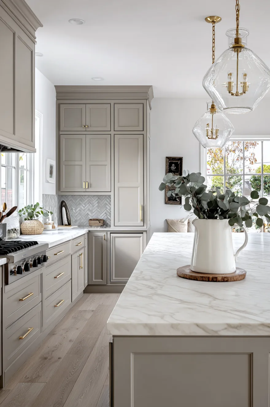 Modern flat panel taupe kitchen cabinets featuring a white marble countertop and seamless matching marble slab backsplash, accented with minimal brass hardware.
