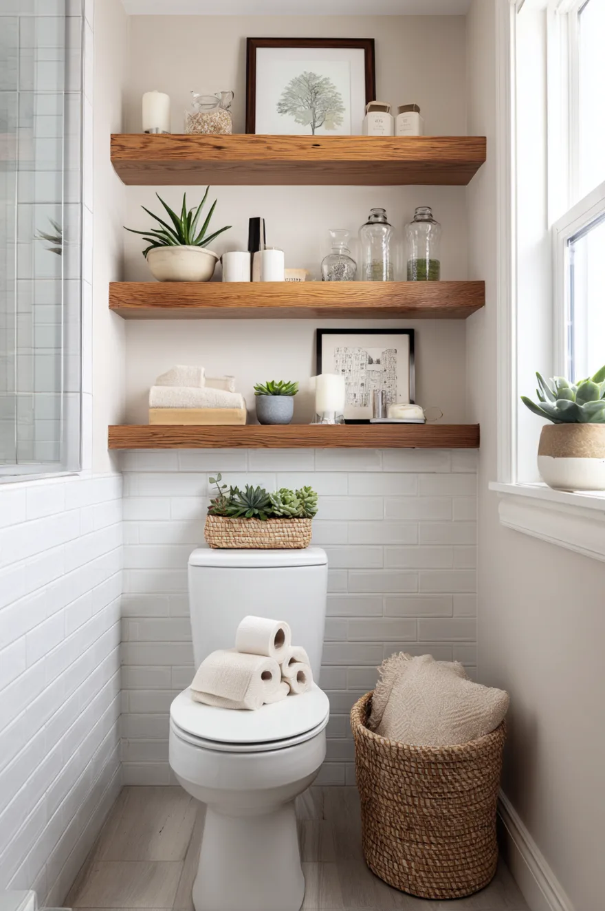Three wood shelves installed above a white toilet featuring potted plants and folded towels for storage.